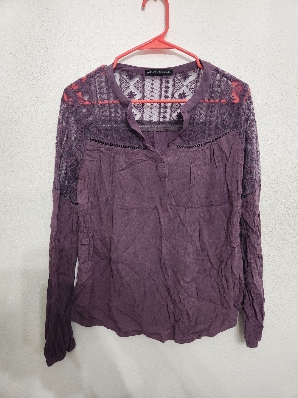 Harlowe & Graham Purple Lace-Yoke Long Sleeve Blouse